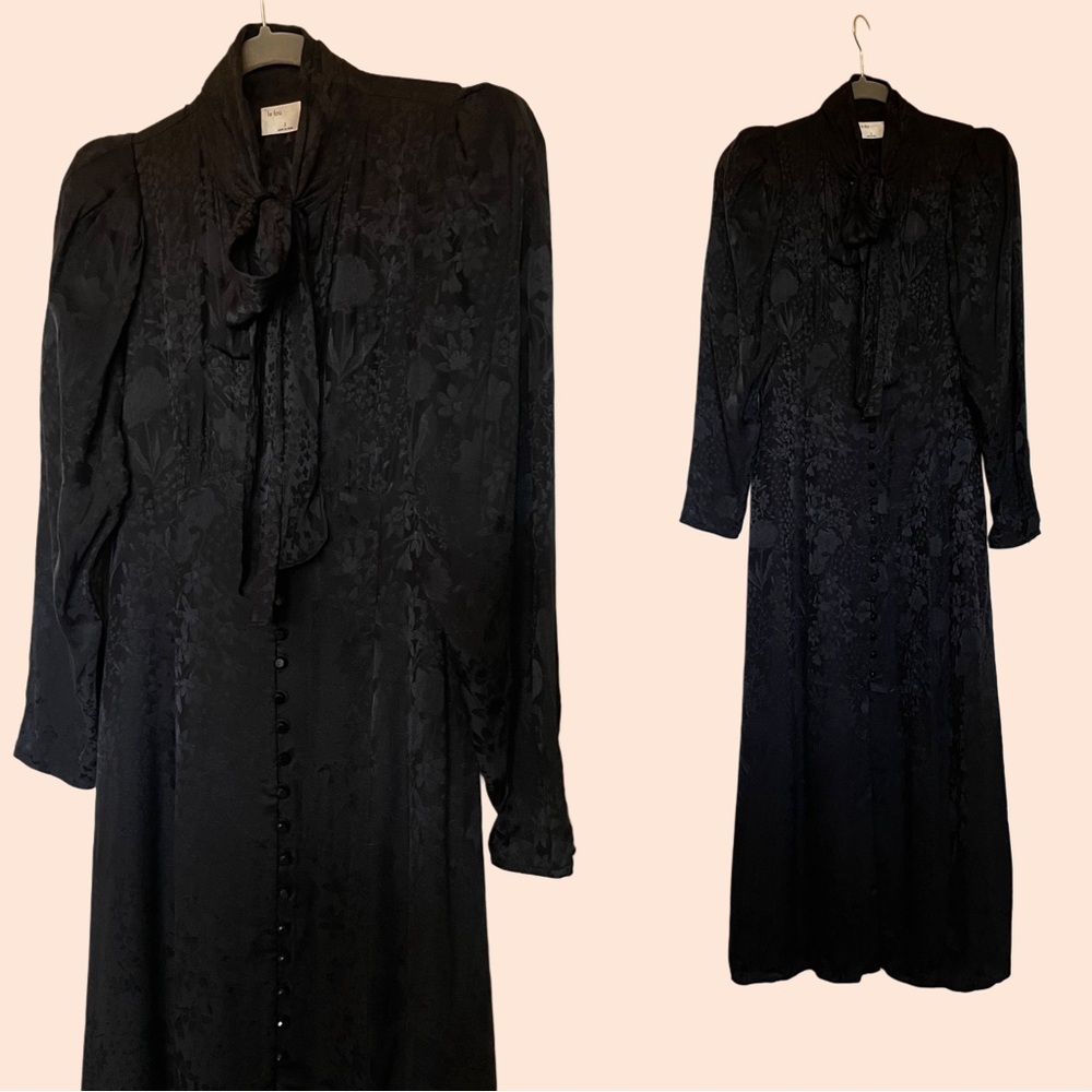 ARITZIA NEW Le Fou 100% Silk Black Floral Satin Long Sleeve Tie Neck Mambo Dress - Picture 8 of 15